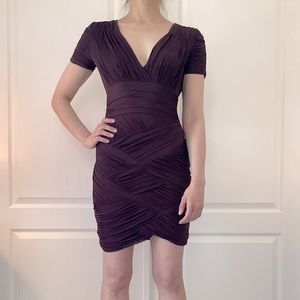 Halston Heritage maroon/purple ruched dress with lining and side zip size S